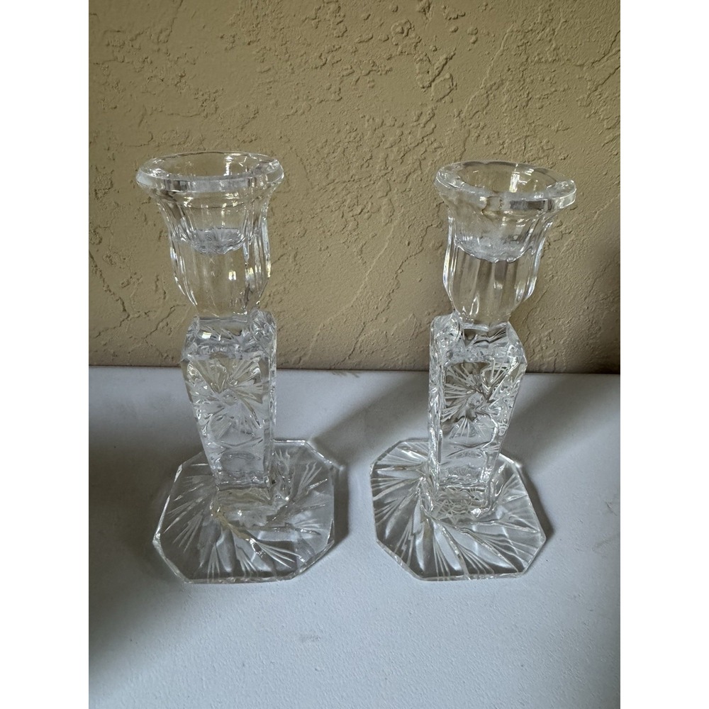 Vintage Cut Crystal Candlesticks Set 2 Starburst Heavy Lead Glass Taper Holders